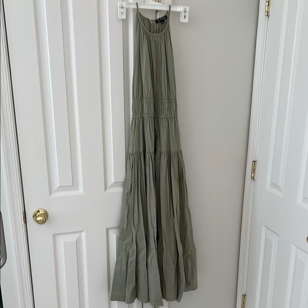 J. Crew Sage Green Tiered Midi Dress